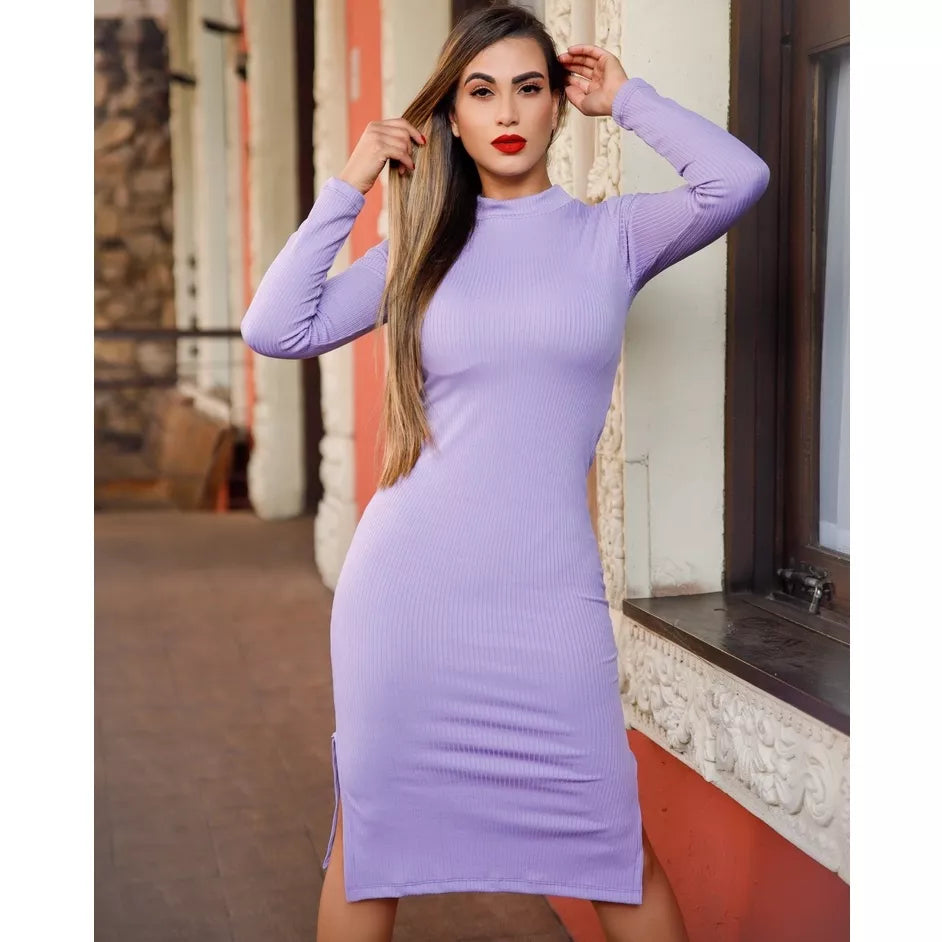 Vestido Midi Canelado Manga Longa Coleção de Inverno