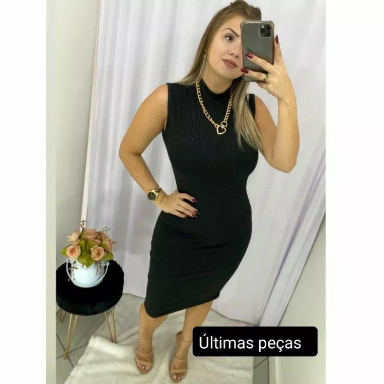 Vestido MIDI Gola Alta Regata Canelado