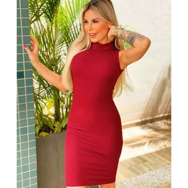 Vestido MIDI Gola Alta Regata Canelado
