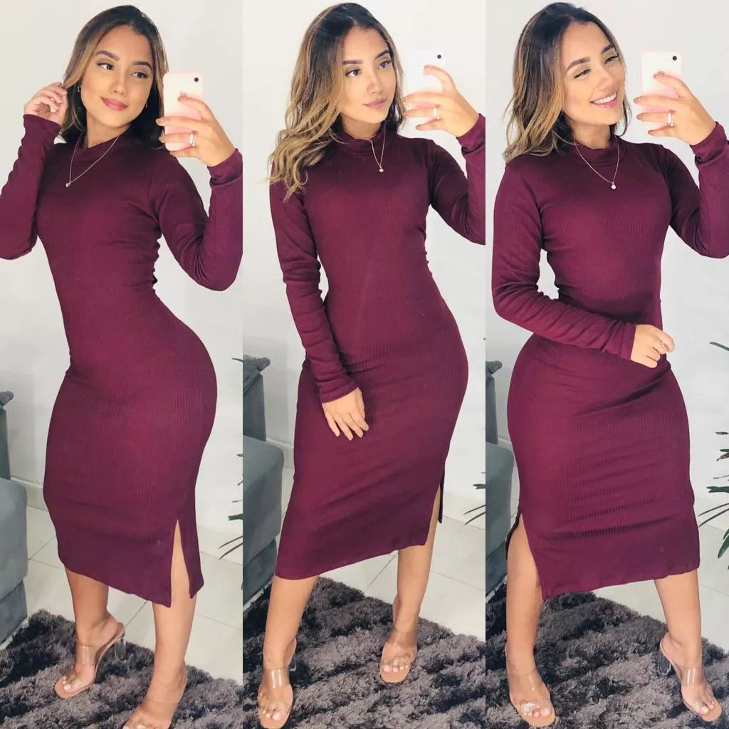 Vestido Midi Canelado Manga Longa Coleção de Inverno