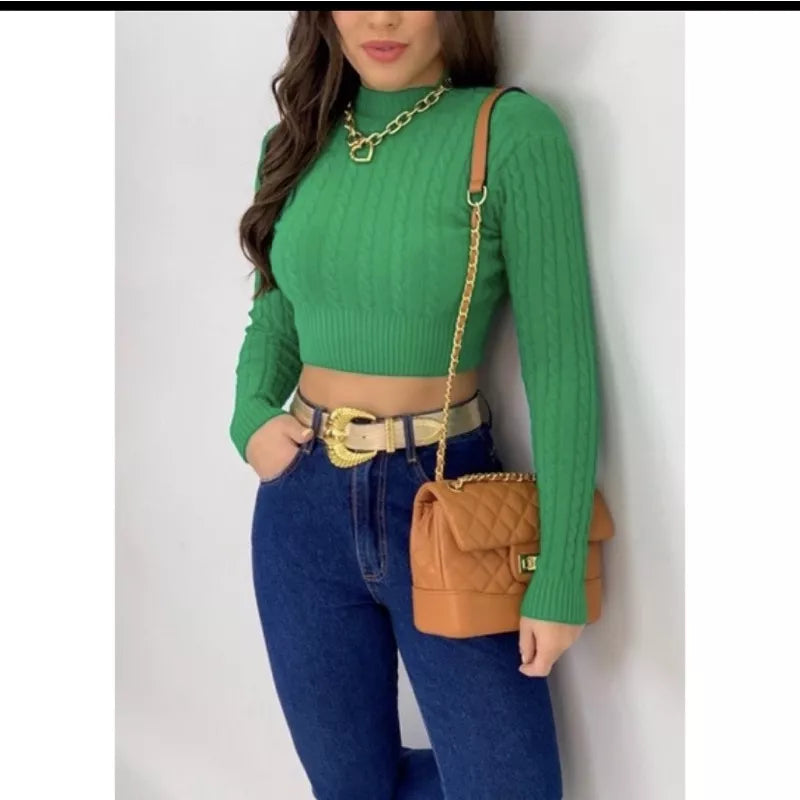 Blusa de Inverno Tricô Cropped Manga Longa