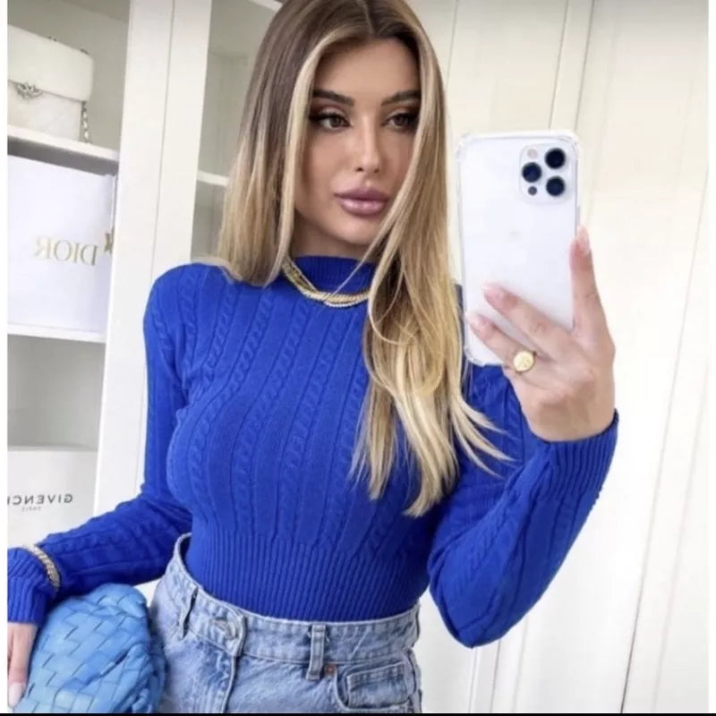 Blusa de Inverno Tricô Cropped Manga Longa