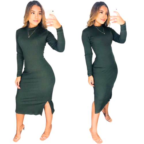 Vestido Midi Canelado Manga Longa Coleção de Inverno