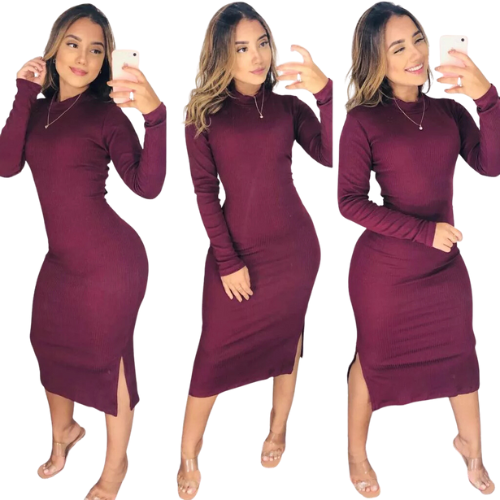Vestido Midi Canelado Manga Longa Coleção de Inverno