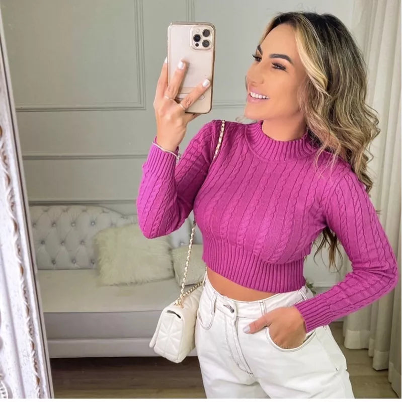 Blusa de Inverno Tricô Cropped Manga Longa