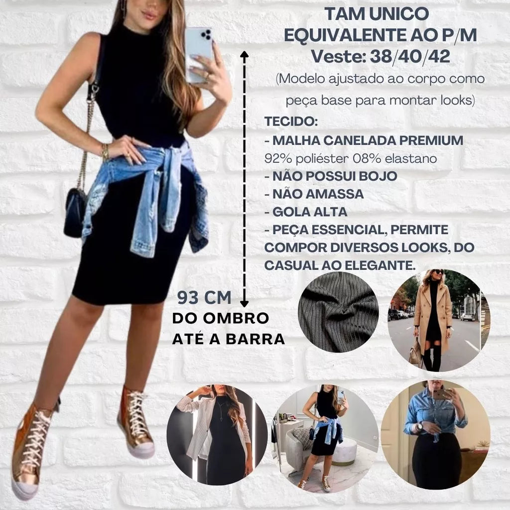 Vestido MIDI Gola Alta Regata Canelado