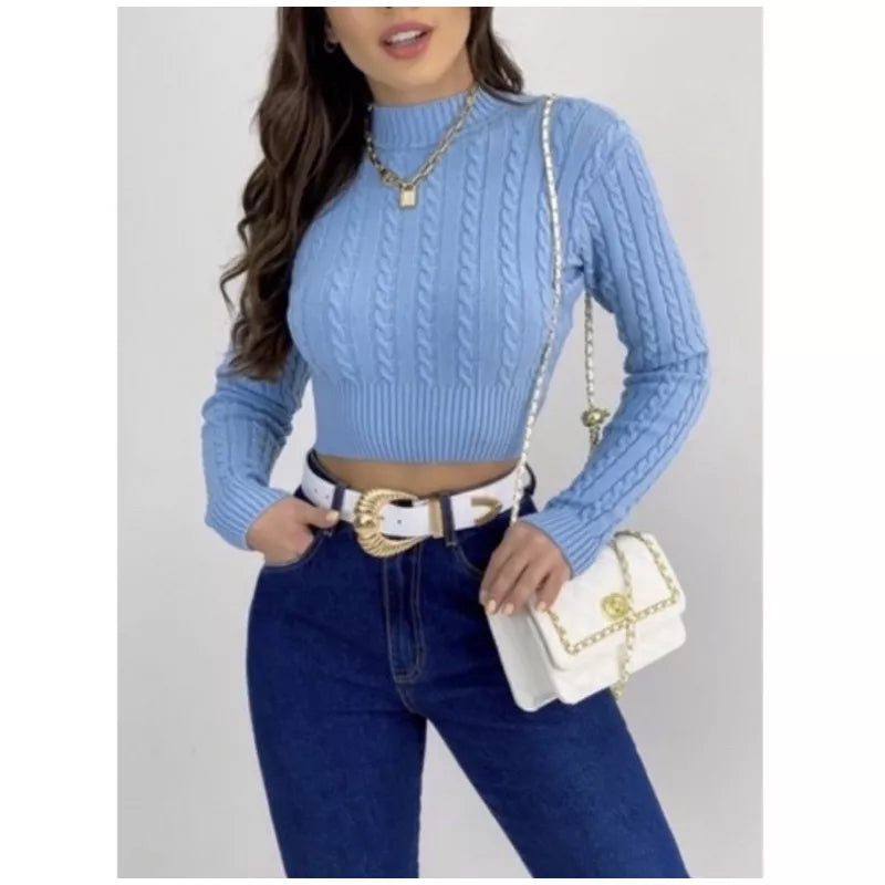 Blusa de Inverno Tricô Cropped Manga Longa