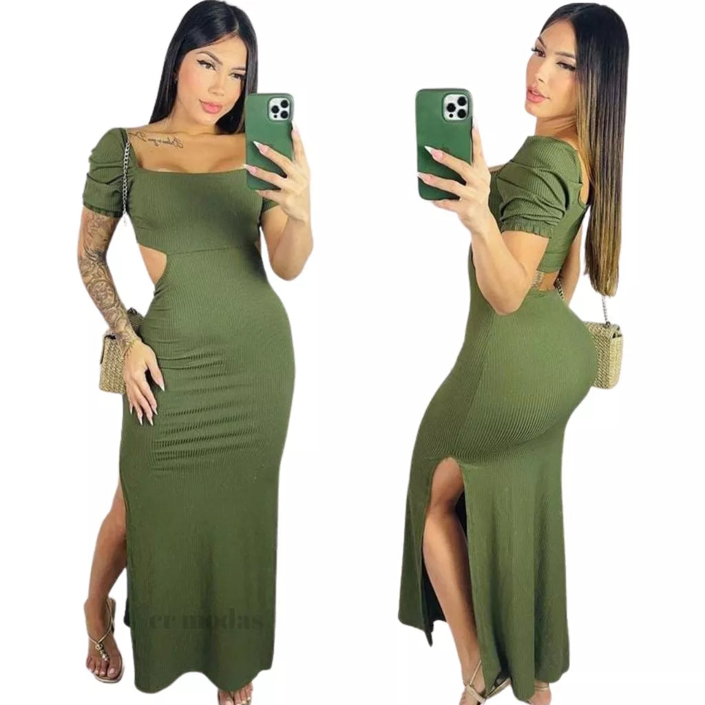 Vestido Longo Canelado com Manga Bufante