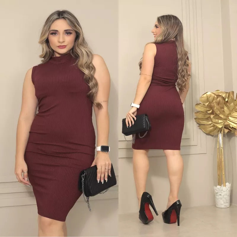 Vestido MIDI Gola Alta Regata Canelado