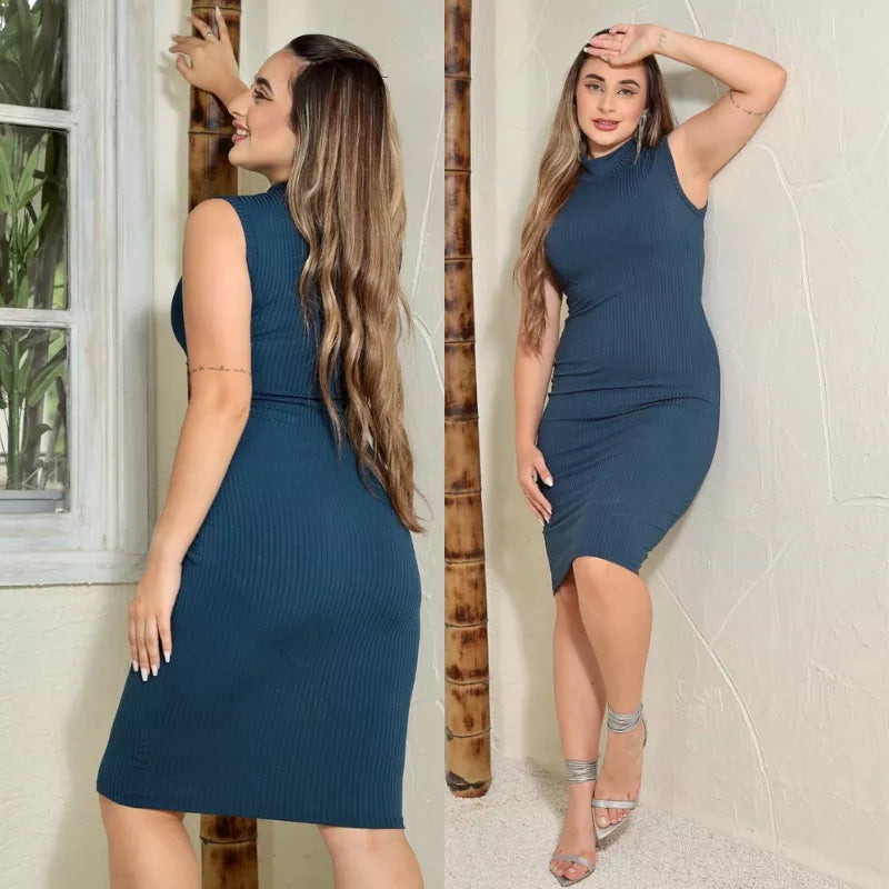 Vestido MIDI Gola Alta Regata Canelado