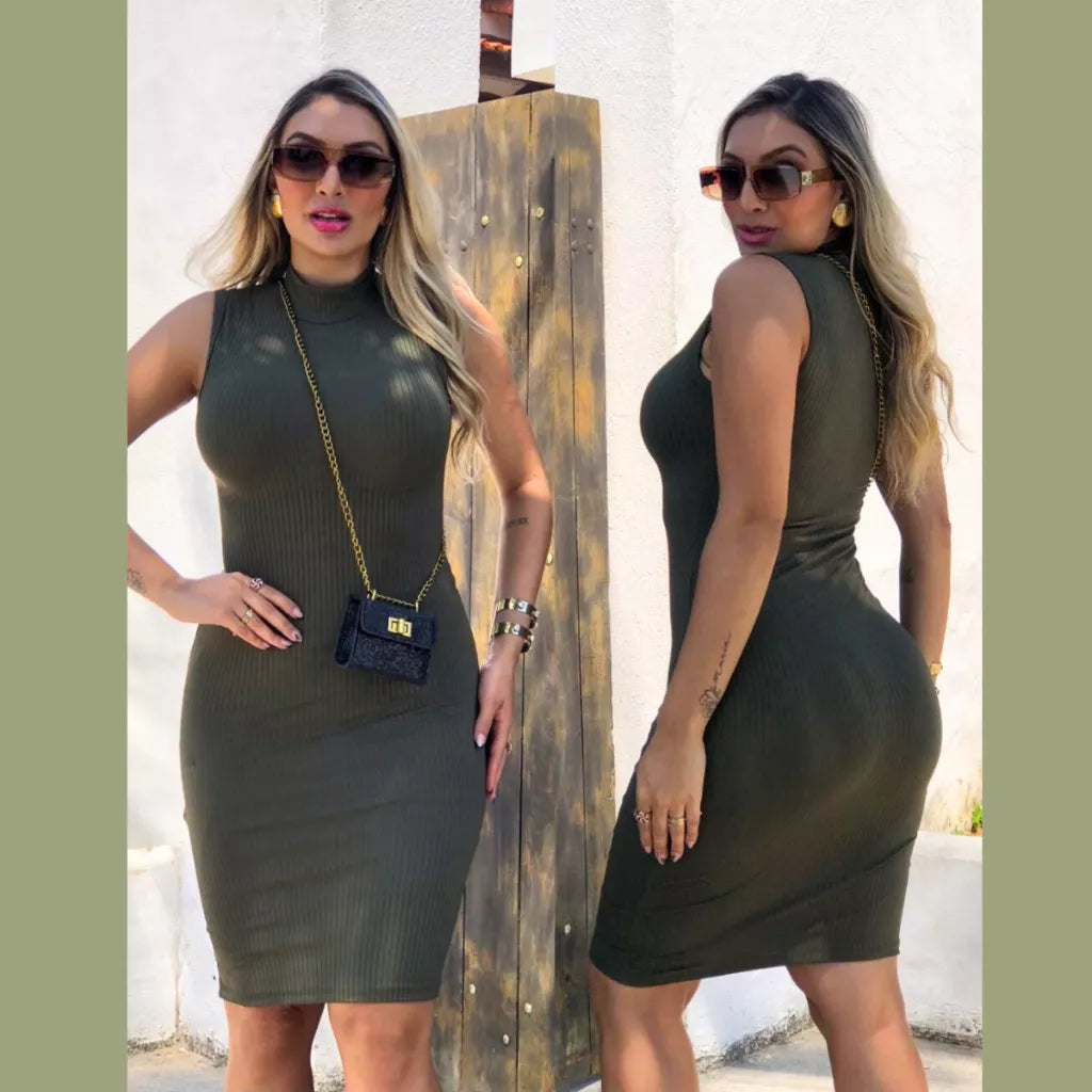 Vestido MIDI Gola Alta Regata Canelado