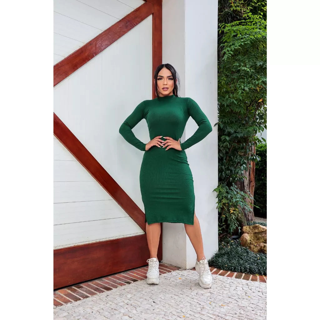 Vestido Midi Canelado Manga Longa Coleção de Inverno