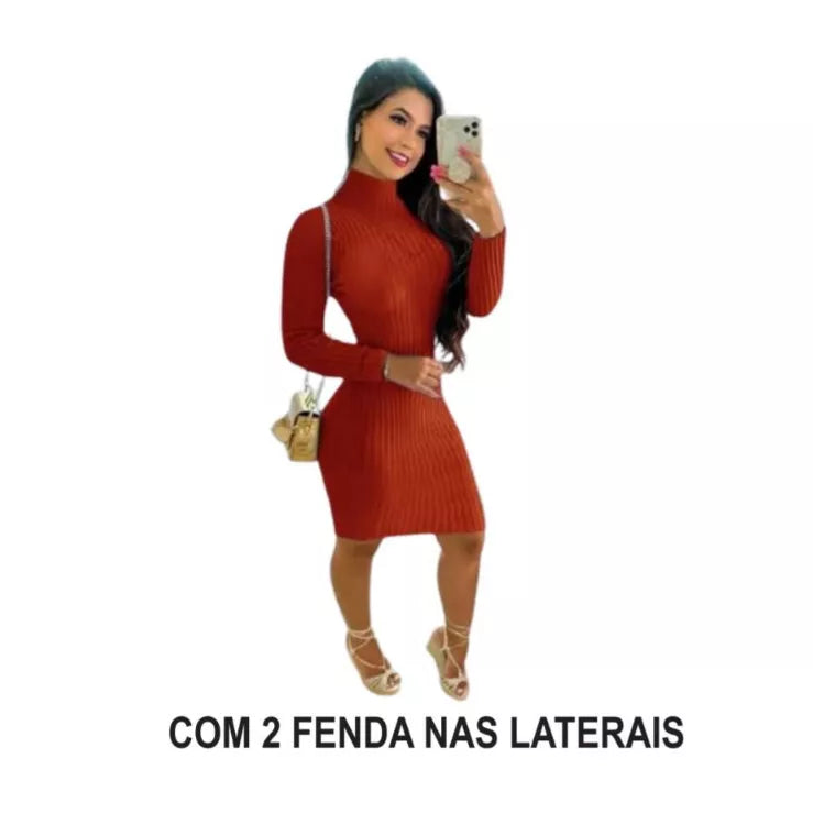 Vestido Midi Canelado Manga Longa Coleção de Inverno