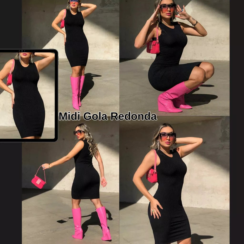Vestido MIDI Gola Alta Regata Canelado