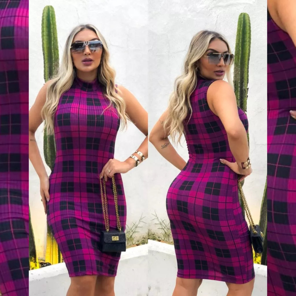 Vestido MIDI Gola Alta Regata Canelado