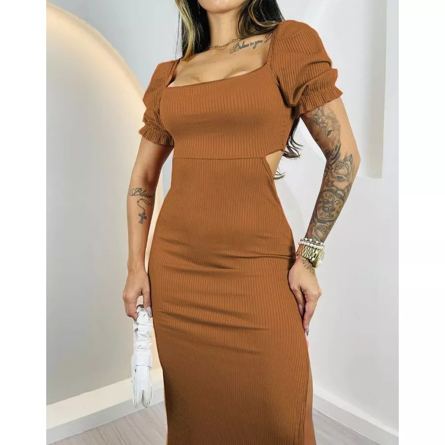 Vestido Longo Canelado com Manga Bufante