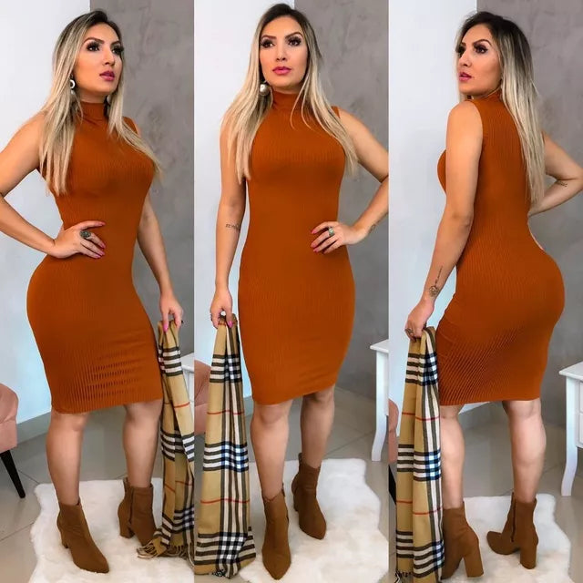 Vestido MIDI Gola Alta Regata Canelado