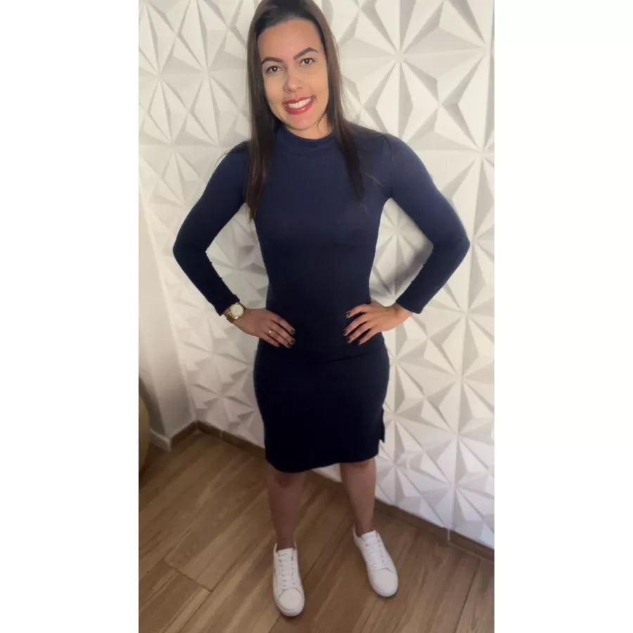 Vestido Midi Canelado Manga Longa Coleção de Inverno