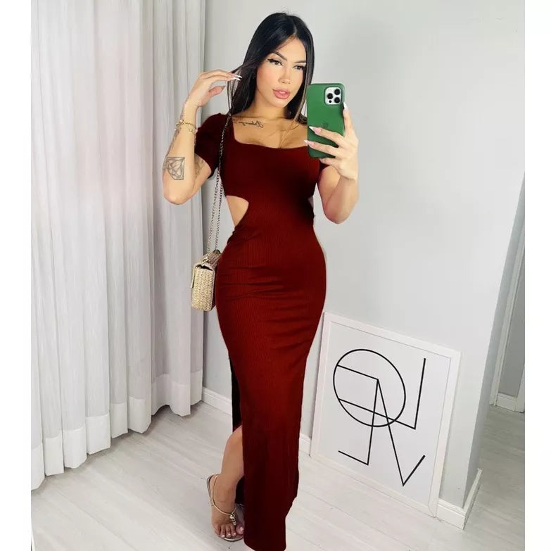 Vestido Longo Canelado com Manga Bufante