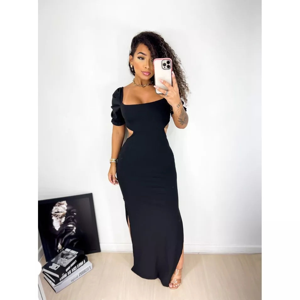 Vestido Longo Canelado com Manga Bufante