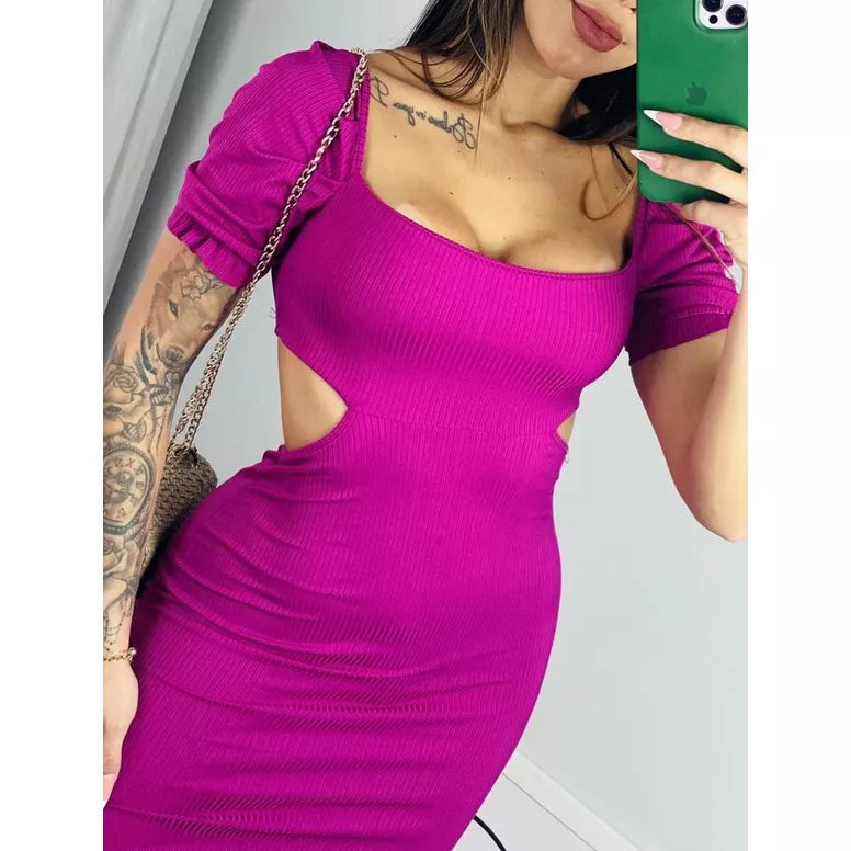 Vestido Longo Canelado com Manga Bufante