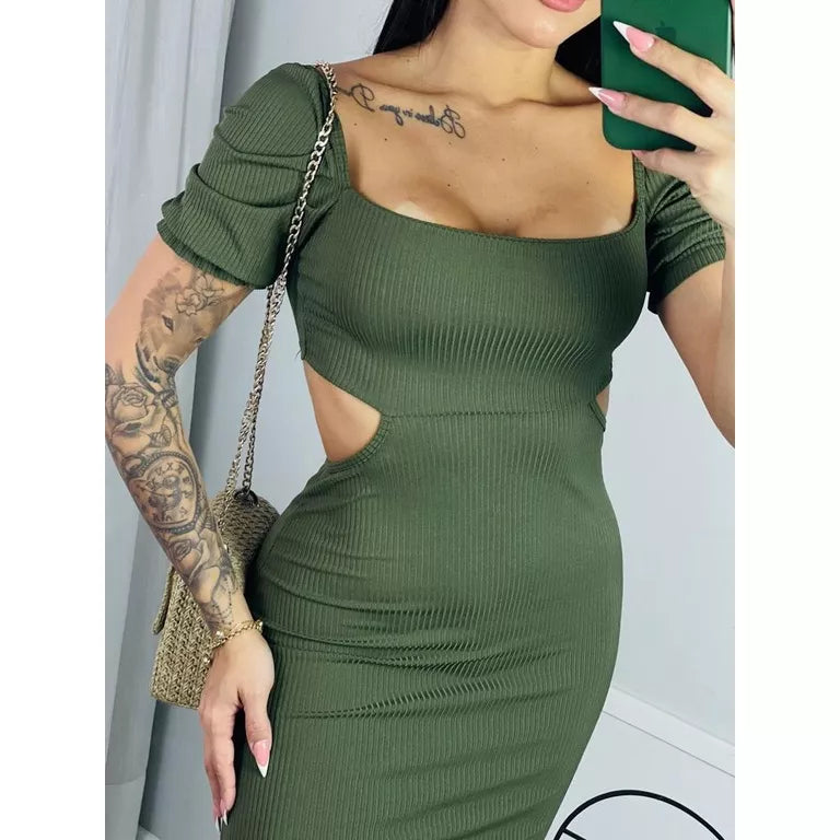 Vestido Longo Canelado com Manga Bufante