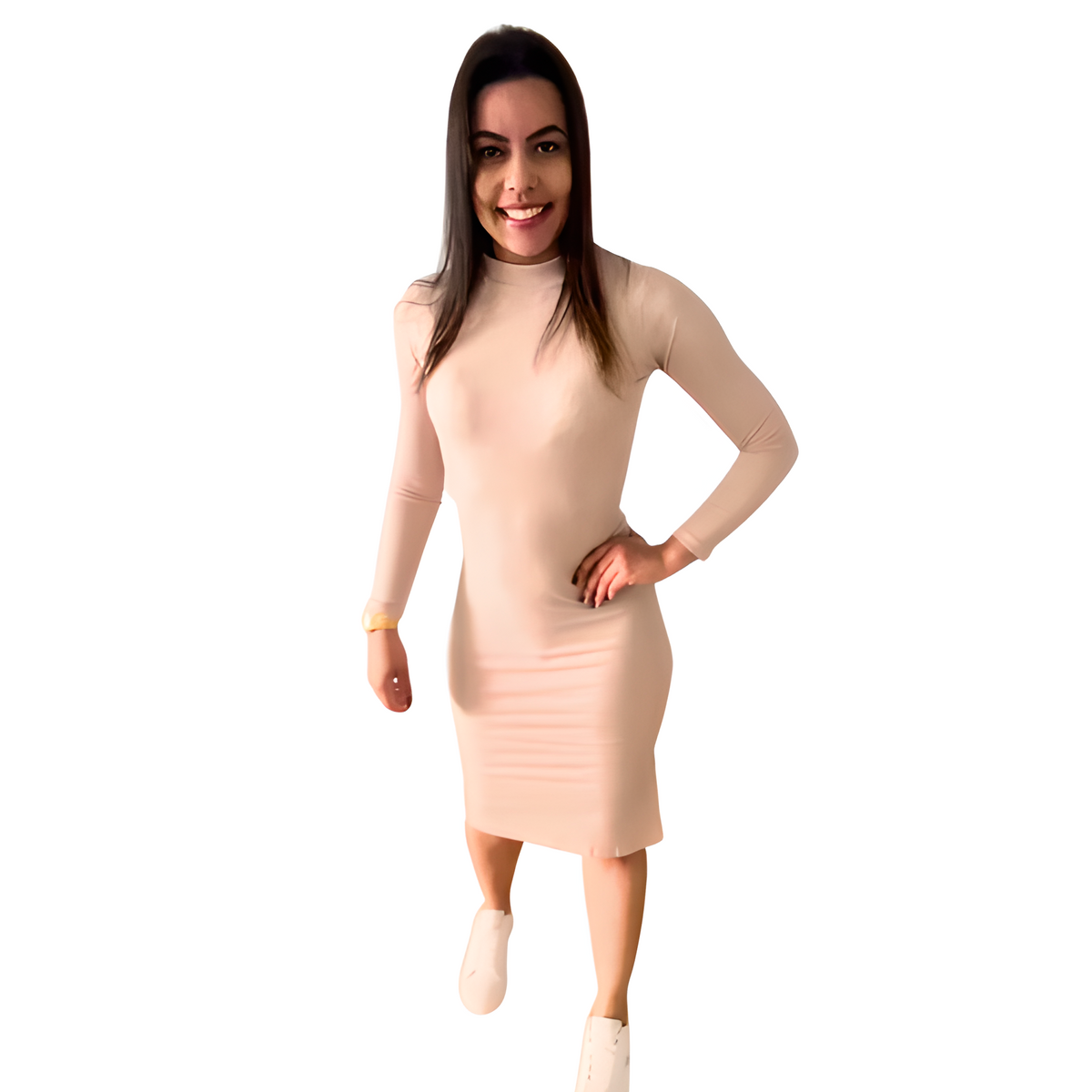 Vestido Midi Canelado Manga Longa Coleção de Inverno