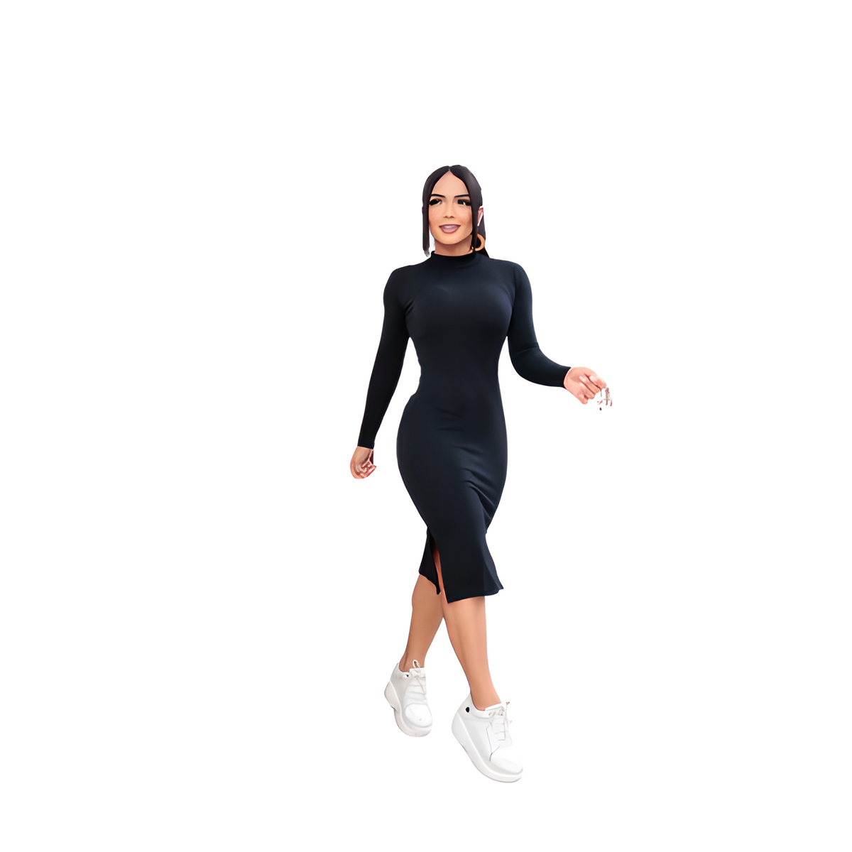 Vestido Midi Canelado Manga Longa Coleção de Inverno