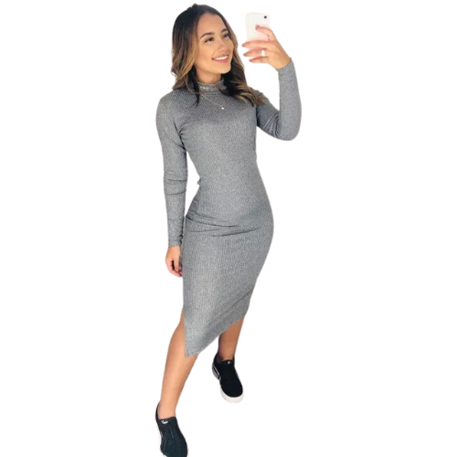 Vestido Midi Canelado Manga Longa Coleção de Inverno