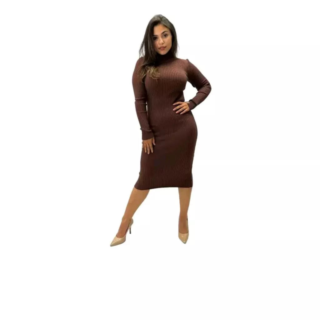 Vestido Midi Canelado Manga Longa Coleção de Inverno